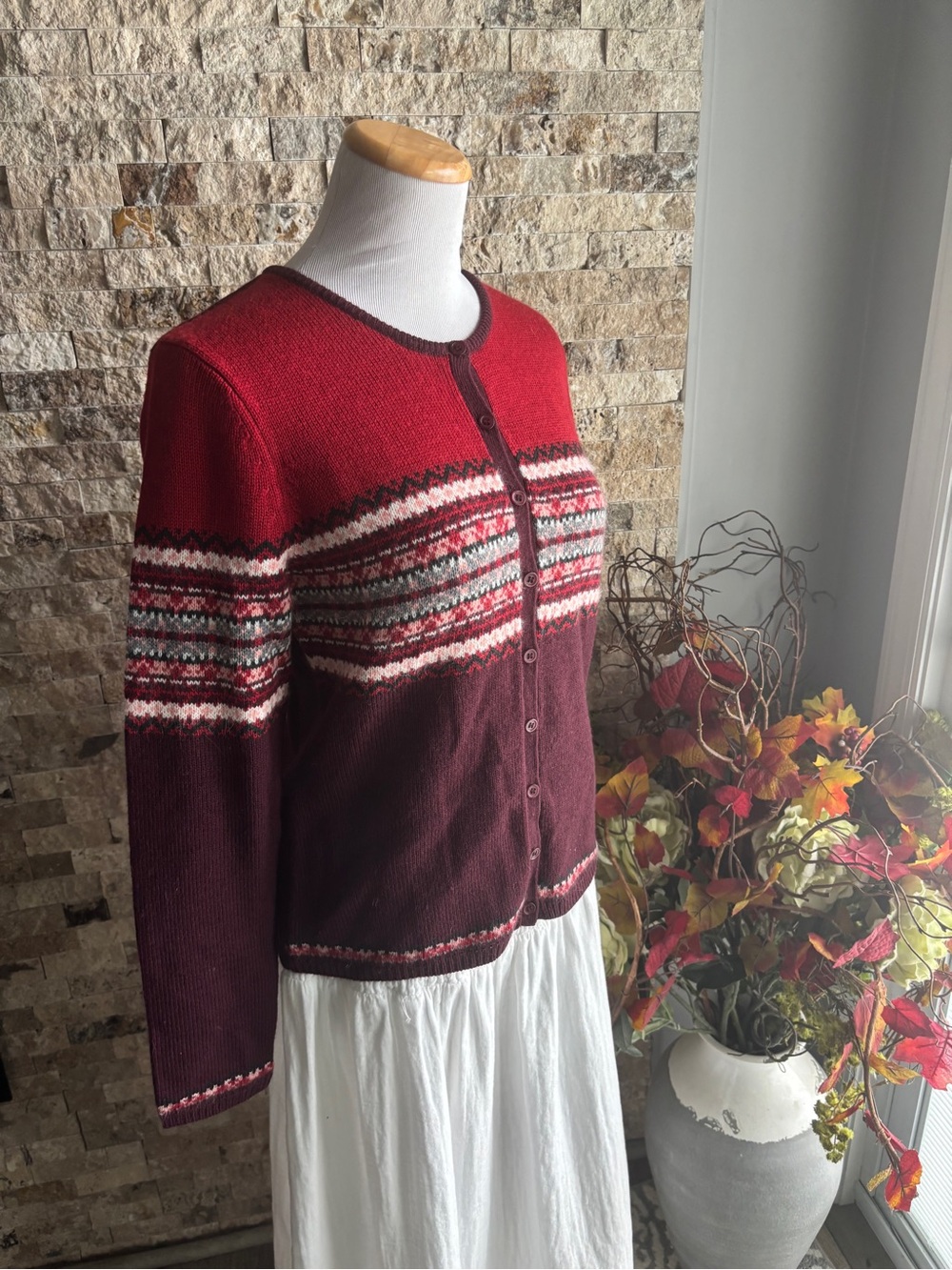 Jones Wear Red and Burgundy Fair Isle Button Cardigan